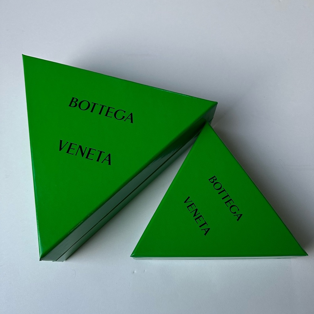 BOTTEGA VENETA two green triangle jewelry boxes with paper stuffing. Two Sizes.